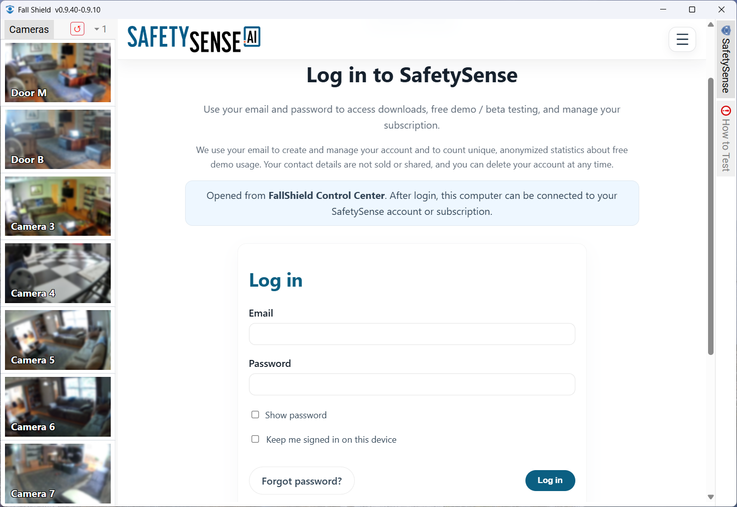 SafetySense account connection page inside FallShield Control Center