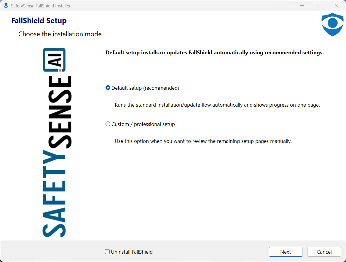 FallShield installer cover page with default and custom setup choices