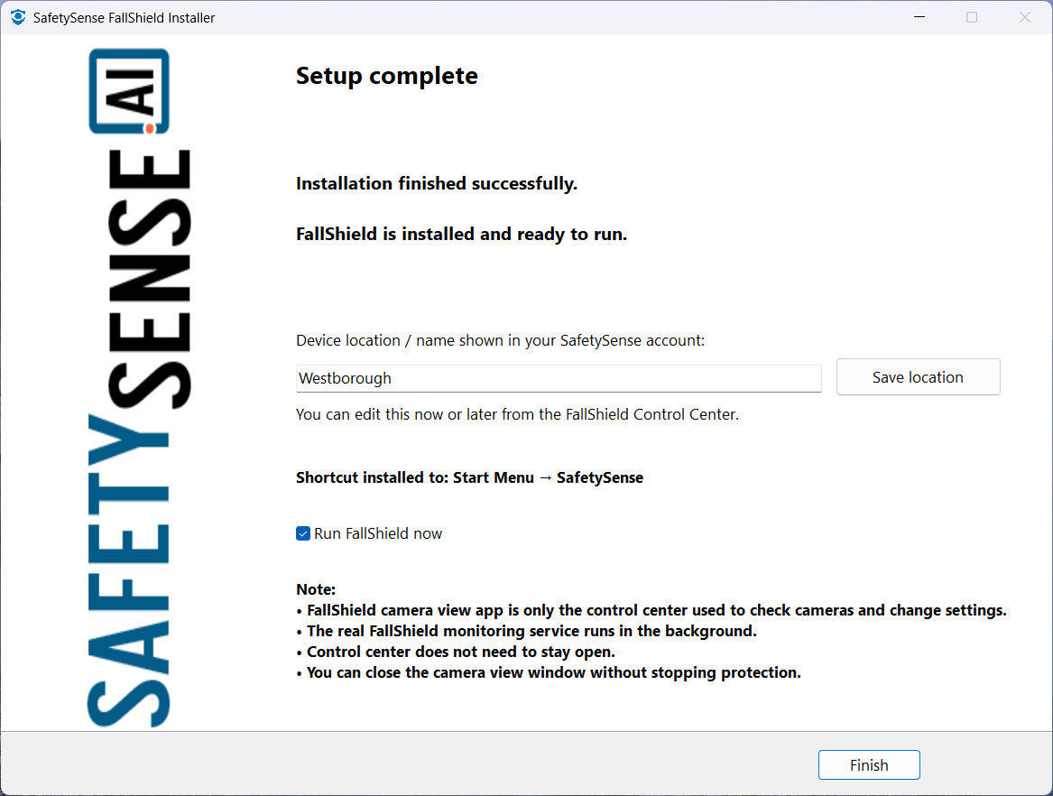 FallShield installer finish page with system location field
